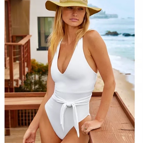 NWOT Becca by Rebecca Virtue V-NeckWhite One-Piece Swimsuit W/ Tie | Large - Picture 1 of 3